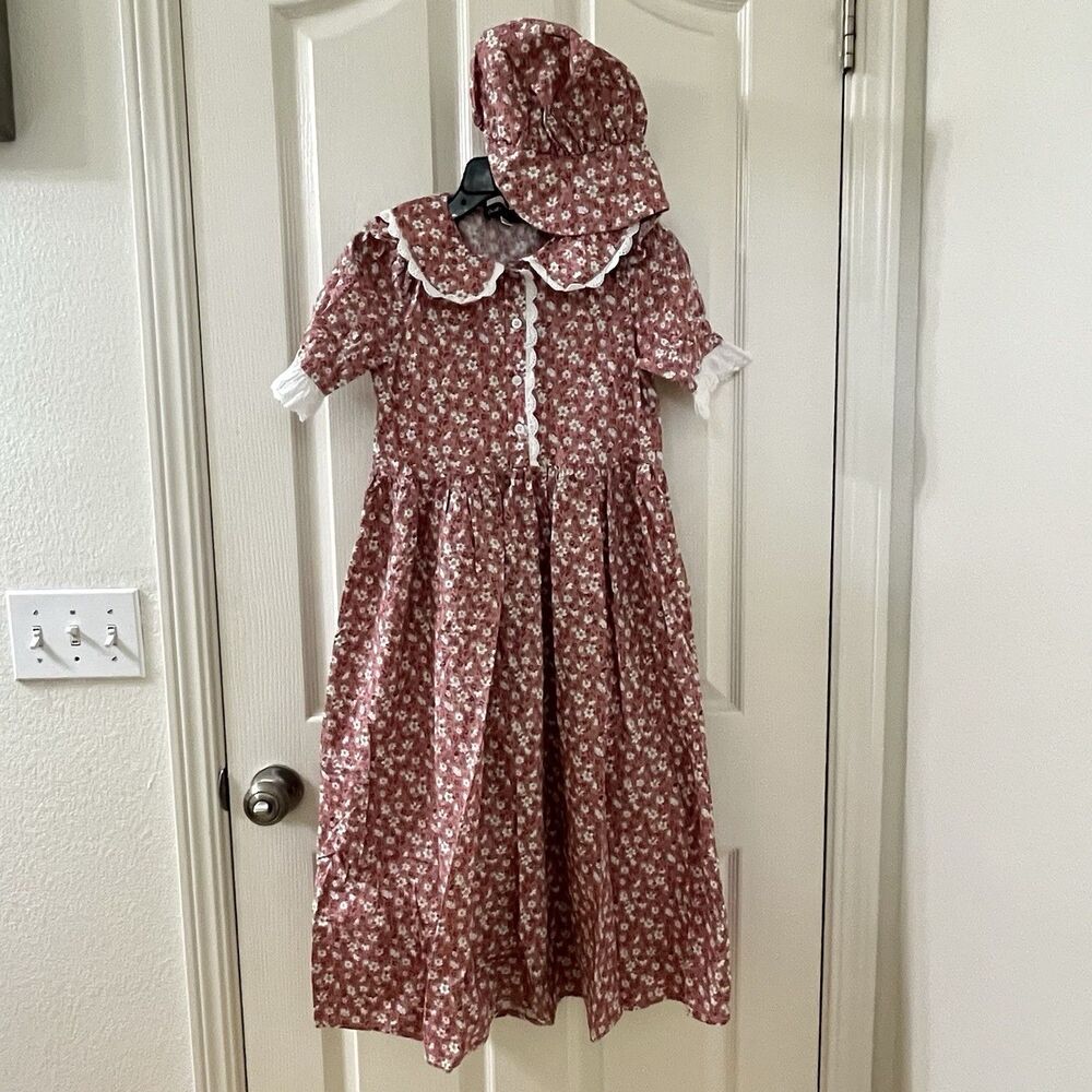 Scarlet Darkness Girls Colonial Prairie Dress and Bonnet Floral Pioneer Sz 7Y